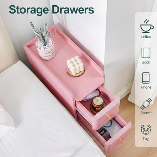 Narrow Nightstand Set of 2, Wooden Small 2 Drawer Nightstand, Slim Side End Table, Skinny Bedside Table, Mid Century Modern Night Stand with Drawers for Bedroom (Pink-1 pc) - color: Pink-1 Pc