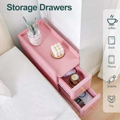 Narrow Nightstand Set of 2, Wooden Small 2 Drawer Nightstand, Slim Side End Table, Skinny Bedside Table, Mid Century Modern Night Stand with Drawers for Bedroom (Pink-1 pc) - color: Pink-1 Pc