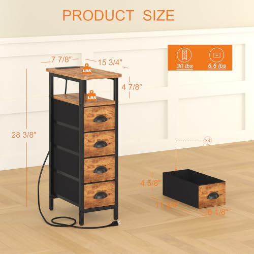 sthmec Nightstand Set 2 with Charging Station, Narrow End Table Set of 2 with 4 Drawers, LED Side Table with Fabric Drawers,Slim Sofa Couch Tables for Small Spaces,Living Room,Bedroom,Rustics Brown - color: Rustic Brown, style: Power & LED
