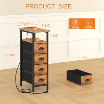 sthmec Nightstand Set 2 with Charging Station, Narrow End Table Set of 2 with 4 Drawers, LED Side Table with Fabric Drawers,Slim Sofa Couch Tables for Small Spaces,Living Room,Bedroom,Rustics Brown - color: Rustic Brown, style: Power & LED