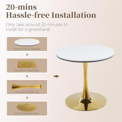 31.5" Round Dining Table, Sintered Stone Tulip Table with Gold Metal Pedestal Base, Modern Leisure Dining Table for Small Space, Kitchen, Dining Room (White and Gold) - color: White and Gold