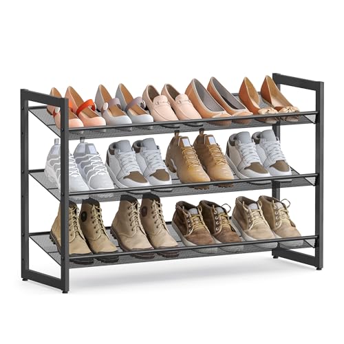 SONGMICS Metal Shoe Rack, 3-Tier Shoe Orgainzer, Holds 9-12 Pairs | Stackable Shoe Storage Shelf for Garage, Adjustable Flat or Angled Shelves, Ink Black, DARREN Collection ULMR03B - color: Ink Black, size: 3 Tiers (29.1''W)