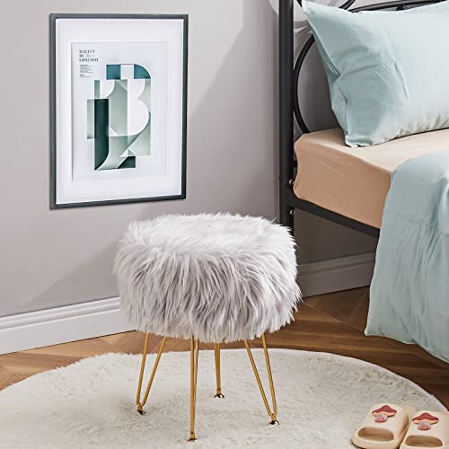 Faux Fur Storage Ottoman Round Furry Vanity Stool Marble Grain Tray Coffee Table Compact Footrest Stool with 4 Metal Legs Soft Makeup Seat Foot Stools for Living Room Bedroom Entryway Grey - color: Grey