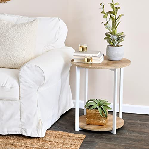 Household Essentials Jamestown Round Side End Table with Storage Shelf, Coastal Oak Rustic Wood Grain and White Metal Frame - color: Coastal Oak