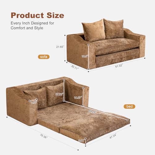 61" Boneless Loveseat Sleeper, Folding Sofa Bed, Diamond Velvet Cover,Brown | Memory Foam Pull Out Futon Bed with Removable Washable Cover, Space-Saving Fold Out Couch for Living Room & Guest Room - color: Brown