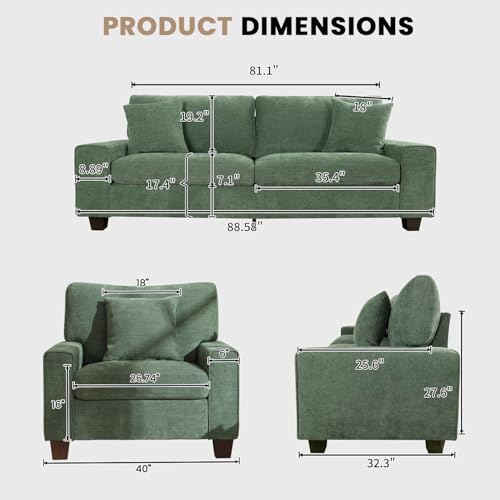 DOPEDIO 88.58" Sofa Set, Chenille Loveseat & 2 Accent Chairs, Green | Modern chenille sofa set with removable covers, spring cushions, solid wood frame, easy assembly for comfortable living rooms - size: 88.58 inch + 2 Single, style: Green Chenille