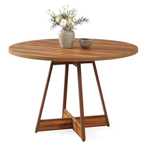 LITTLE TREE 39 Inches Round Dining Table for 2-4, Farmhouse Circle Kitchen Table for Dining Room, Wooden Dinner Table with Heavy Duty Pedestal, Small Bistro Table for Restaurant, Brown
