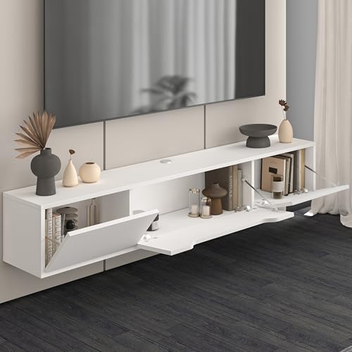 Atelier Mobili Floating TV Stand for Up to 80 Inch TVs – Wall Mounted Media Console with Handle-Free Doors – Modern Entertainment Center with Hidden Storage – White and Oak Finishes (White) - color: White