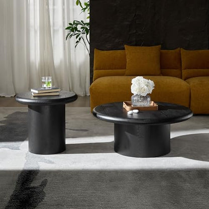 Round Nesting Coffee Table Set of 2, Modern 2-Piece Circle Wooden Center Table with Base, Accent Tea Table for Living Room Apartment, Easy Assembly, 31.5" & 20.87" (Black) - color: 31.5" & 20.87",black