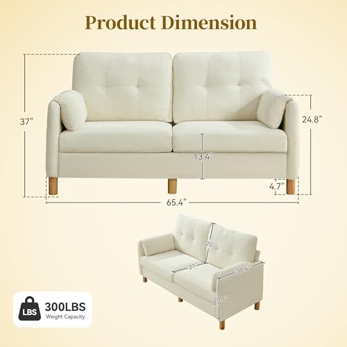 Mid Century Modern Couch, 65" Loveseat Sofa, Ivory | Storage Pockets, Upholstered Small Loveseat for Small Spaces, Bedroom, Home Office, Apartments - color: Beige