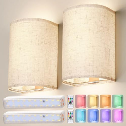 OCATO Battery Operated Wall Sconce Wireless Wall Sconces Set of Two | Rechargeable Magnetic Bulb Wall Lights Lamp Dimmable Timer with 16 RGB Fabric Linen Shade with Remote for Bedroom Living Room - color: Off-White