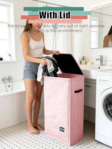 WTREE Laundry Hamper with Lid, Reinforced Sturdy Clothes Hamper with Anti-Puncture Base, Large Collapsible Laundry Basket with Removable Liner Bag, Tall Dirty Clothes Bin for Family, 100L Pink - color: Pink