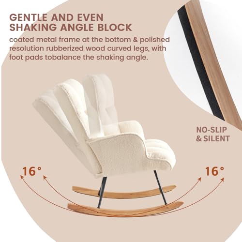 Rocking Chair Nursery Teddy Upholstered Glider Rocker Rocking Accent Chair Padded Seat with High Backrest Armchair Comfy Side Chair for Living Room Bedroom Offices (Ivory Teddy) - color: Ivory