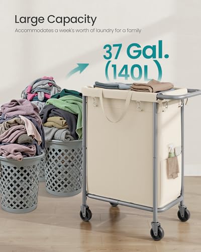 SONGMICS Laundry Basket with Wheels, 2-Section Rolling Laundry Hamper, 37 Gallons (140 L), Removable Liner, Steel Frame with Handle, 27.2 x 15.4 x 31.9 Inches, Cream White URLS004W01 - color: Cream White, size: 140 L (2-Section)