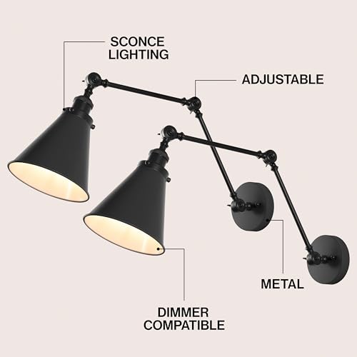 JONATHAN Y Rover 1-Light Wall Sconce 7", Black, Set of 2 | Adjustable Arm, Hardwired Bedside Reading Swing Arm, Farmhouse Cone Shade, Metal Hardwired Indoor Fixture, LED Bulbs Included - color: Black, size: Set of 2