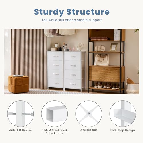 DUMOS Nightstand, Bedside Table with 4 Fabric Drawers | Night Stand with Removable Bins, Steel Frame Wood Top, Small Dresser for Bedroom Closet - color: White, size: 11.8"D x 17.7"W x 37.4"H (4 Drawers)