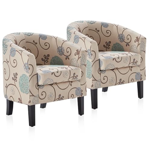 BELLEZE Living Room Chairs Set of 2, Linen Round Accent Barrel Chairs, Club Tub Sofa Chairs for Bedroom, Corner Chairs with Flared Legs and Cozy Soft Padding - Highland (Floral Print) - color: Floral Print, style: Set of 2 Barrel Chair