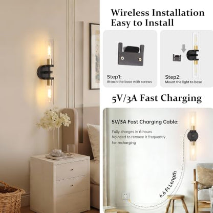 Shenmoyl Set of 2 Wall Sconces, 7800 mAh Battery Operated Wall Sconce with 3 Colors & Remote Control, Black Gold Rechargeable Wall Lamp with Clear Glass Shade for Bedroom, Bathroom, Stairwell, Hallway - color: Double-head Black&Gold - Clear Glass