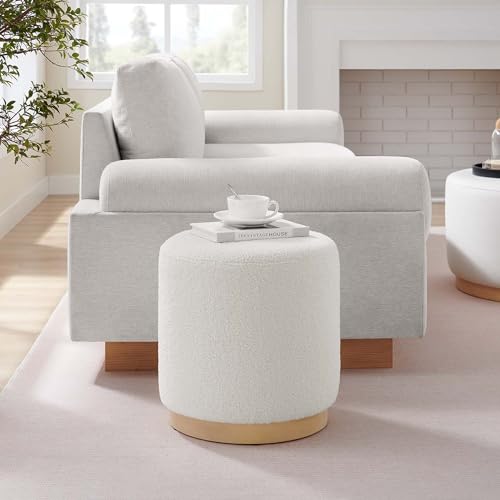 Modway Tilden 16 Inch Round Soft Sherpa Fabric Upholstered Ottoman in Ivory Natural - Small Ottoman Foot Rest with Rubberwood Plinth Base - Living Room Ottoman Side Table - Sherpa Ottoman Footstool - color: Ivory Natural