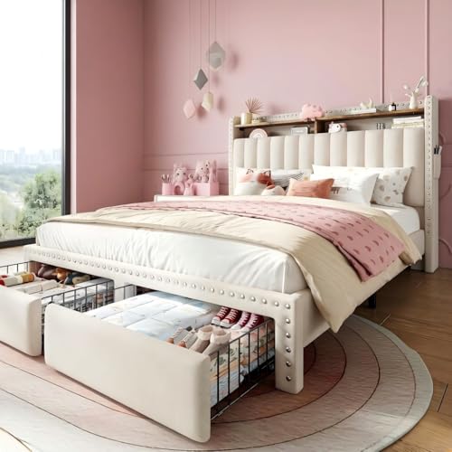 EnHomee Full Size Bed Frame with 2 Drawer& 2 Tier Storage Headboard Shelf | 2 side pockets, Under-Bed space, Fabric upholstered, 1000lbs for bedroom apartment, Noise-Free, Easy Assembly, Beige - color: Beige, size: Full