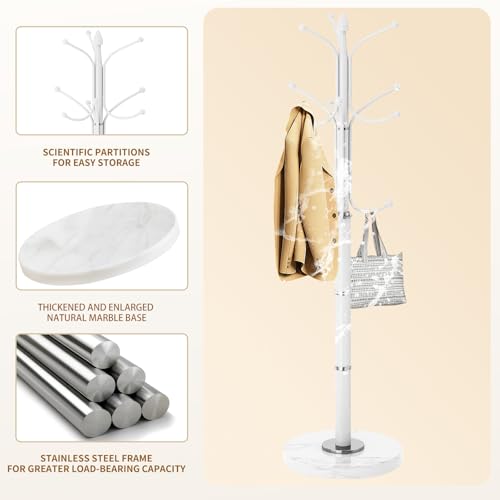 OIRUMIE Coat Rack,Coat Rack Freestanding with 12 Hooks for Entryway,Corner | Metal Coat Rack Stand with Natural Marble Base, White Modern Coat Hanger Stand, Clothes Hall Tree Stand for Hallway - color: White-12 Hooks