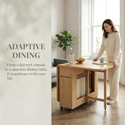 Folding Dining Table Set with 6 Chairs, Mobile Solid Wood Expandable Table, Space-Saving Drop Leaf Table, Multi-Functional Kitchen Island Cart for Small Apartment, Dining Room - 1.4m