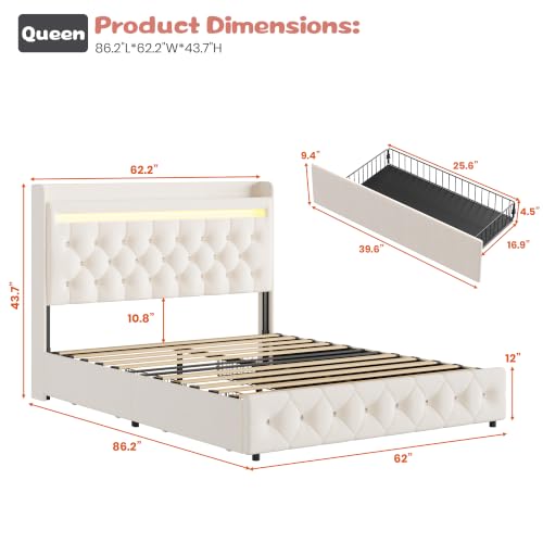 Garvee Queen Upholstered LED Bed Frame with Storage Headboard, White | Queen Bed with Charging Station and 2 Drawers, Velvet Princess Platform Bed for Kids, No Box Spring Needed, Easy Assembly - color: White, size: Queen (U.S. Standard)