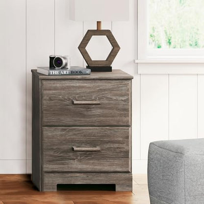 Signature Design by Ashley 2-Drawer Nightstand, Gray, Ralinksi | Rustic warm gray replicated oak grain finish, Antiqued pewter-tone handles, 40 lb engineered wood storage for guest rooms - color: Grayish Brown, style: Night Stand