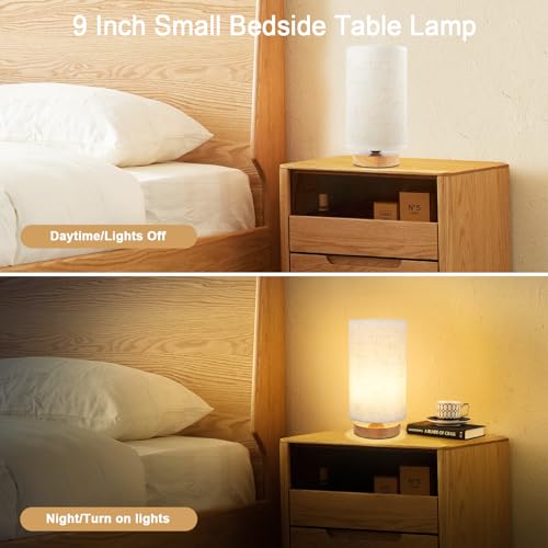 Small Bedside Table Lamp for Bedroom set of 2,Minimalist Wood Base & Round Fabric Shade,Mini Cute Cozy Warm Nightstand Boho Lamp set, Study Desk Night Stand Light for Room, Dorm,Nursery,Living Room - size: Round - Set of 2