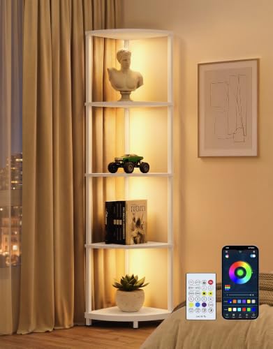 Corner Shelf with LED Light, 5 Tier Smart Color Changing Floor Lamp with Remote, 62" Display Shelf Bookshelf Narrow Storage Rack Standing Lamp for Living Room Bedroom Home Office Decor, White - color: White