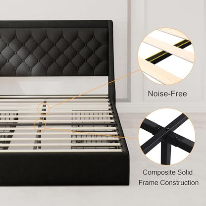 Einhomn Queen Bed Frame with 4 Storage Drawers, Upholstered Modern Bed Frame with Wingback Headboard, Charging Station, No Box Spring Needed, Easy Assembly, Black - color: Black, size: Queen