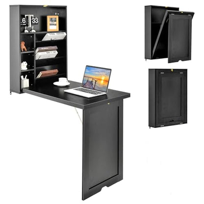 Wall Mounted Desk, Wood Collapsible Floating Desk, Convertible Computer Desk with Storage Area, Hanging Fold Out Table for Home Office, Small Spaces (Black) - color: Black