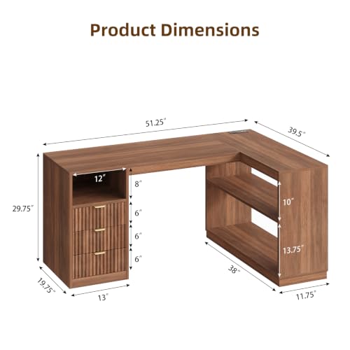 L-Shaped Home Office Desk with Storage Drawers & Shelves, Farmhouse Computer Desk with Power Outlet, 51.25" Writing Desk for Home Workstation Study, Walnut