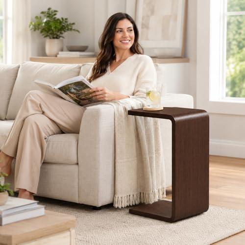 CHSSIH C Shaped End Table for Couch - Wooden Sofa Side Table, Slide Under Couch Table for Living Room, Bedroom, Laptop, Coffee, Small Space Narrow Furniture (Dark Walnut) - color: Dark Walnut
