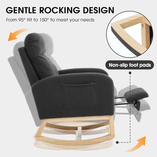 Rocking Chair Nursing, Rocker Chair with Footrest (Grey) | Teddy Boucle Upholstered Accent Reading Chair with High Back & Side Pocket for Living Room Bedroom Nursery Office - color: Grey