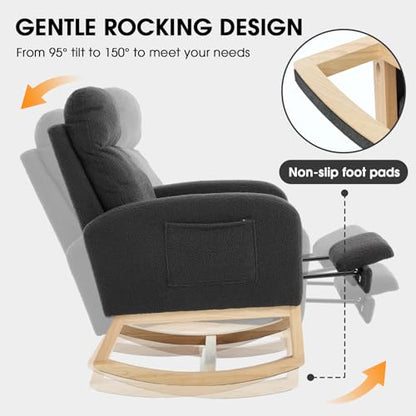 Rocking Chair Nursing, Rocker Chair with Footrest (Grey) | Teddy Boucle Upholstered Accent Reading Chair with High Back & Side Pocket for Living Room Bedroom Nursery Office - color: Grey