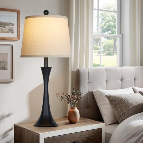 Rinweey 27.5" Table Lamps Set of 2, Touch Bedside Lamps with USB C+A Ports, 3 Way Dimmable Nightstand Lamps for Bedroom, Living Room, Office, Black Lamp with Beige Lampshade, Bulbs Included - color: Black