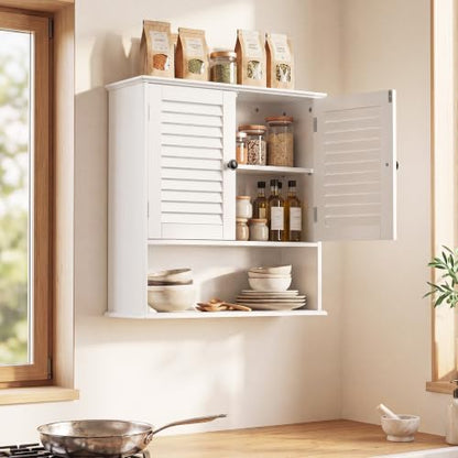 Bathroom Wall Cabinet with Adjustable Shelf, White 25" x 24" Medicine Cabinet with Louvered Doors, Over Toilet Storage Cabinet, Wall Mounted Bathroom Organizer for Bathroom, Laundry Room - size: 24.8" x 23.6" x 8.3"