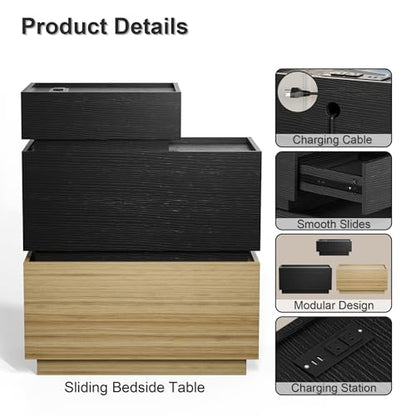 End Table with Charging Station, Nightstand with Drawers and Storage | Narrow Side Table with USB Ports and Power Outlets for Living Room and Bedroom, Black and Brown
