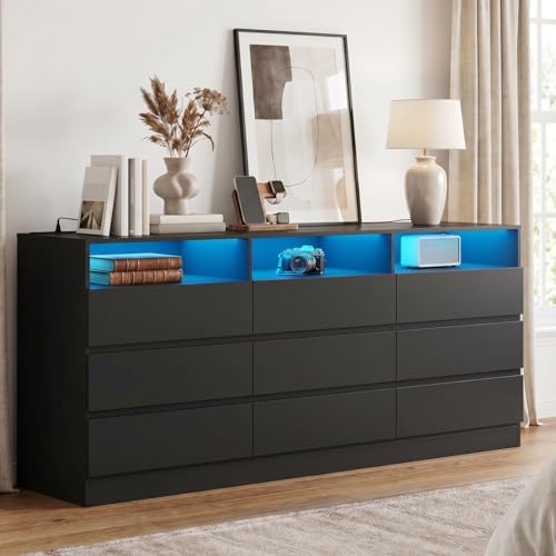 Gyfimoie 63" Black 9-Drawer Dresser for Bedroom w/Power Outlet, LED Light | Modern Triple Dresser with 3 Open Cubbies, Spacious Chest of Drawers, and TV Stand - color: Black, size: 15.8"D x 63"W x 31.1"H (9 Drawers)