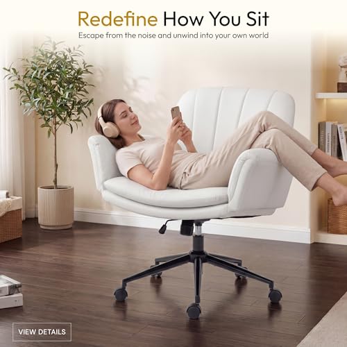 Dowinx Criss Cross Chair with Five-Level Adjustable Arms and Wheels - Comfortable Ergonomic PU Leather Swivel Vanity Chair - Computer Makeup Gaming Chair for Home Office, Bedroom, Vanity Room (Beide) - color: Cream White