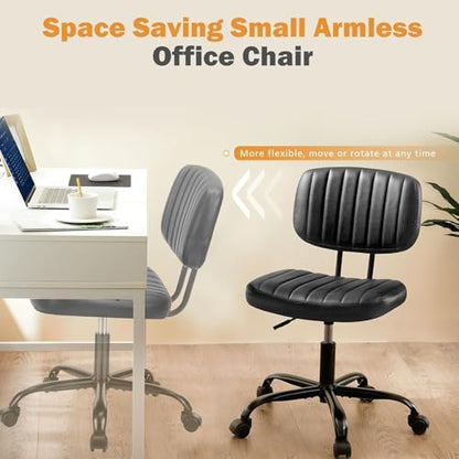 YSSOA Office Chair Small Computer Desk Chair Ergonomic with Low Back Lumbar Support, Height Adjustable Armless PU Leather Vanity Stool 360° Swivel Rolling Chair with Wheels, Black - color: Black