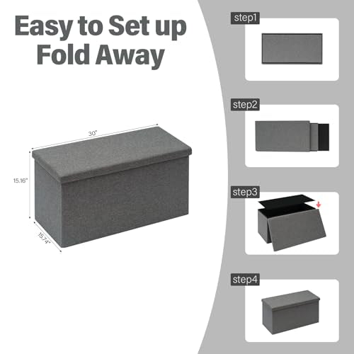 PINPLUS Folding Storage Ottoman Bench with Lid Tray, 30 inches Ottoman Coffee Table Grey Cube Chair Foot Rest Stool Storage Chest for Living Room Bedroom, Holds up to 550 lb - color: Grey