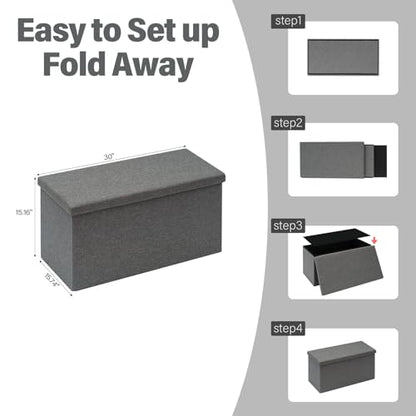 PINPLUS Folding Storage Ottoman Bench with Lid Tray, 30 inches Ottoman Coffee Table Grey Cube Chair Foot Rest Stool Storage Chest for Living Room Bedroom, Holds up to 550 lb - color: Grey