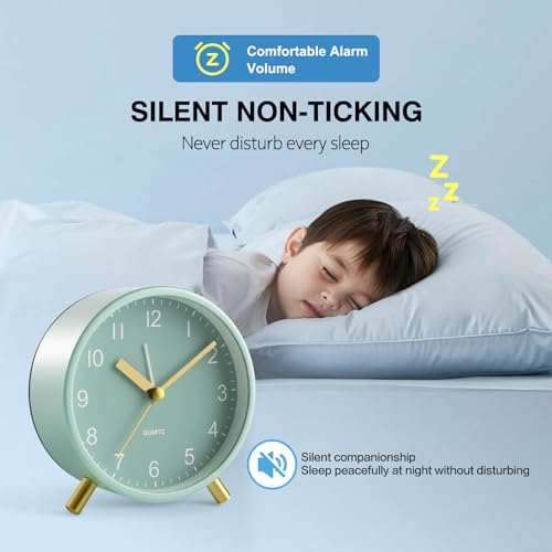 Back to School Silent Analog Quartz Alarm Clock for Kids Bedroom,Night Light, Battery Operated, Fashionable Round Metal - color: Green