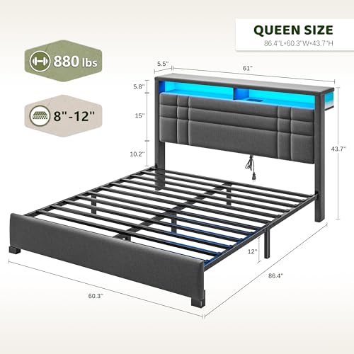 EnHomee Queen Upholstered Bed Frame with Charge Station & LED Lights, Grey | 2-Tier Shelves Headboard, 12" Under-Bed Storage Space, Noise-Free, No Box Spring Needed, Easy Assembly - color: Grey, size: Queen (U.S. Standard)