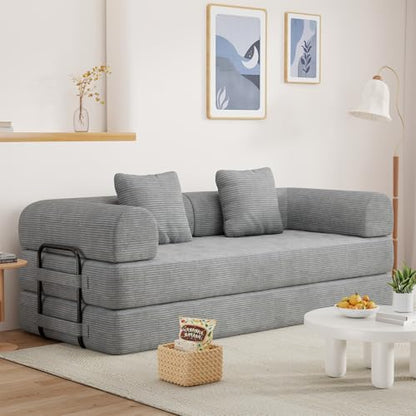 77" Convertible Sofa Bed, Modular Folding Futon Corduroy Floor Foam Compressed Loveseat Sleeper Sofa Couch, Pull Out Queen Size Couch Bed with 2 Pillows for Living Room Guest Room Studio, Light Grey