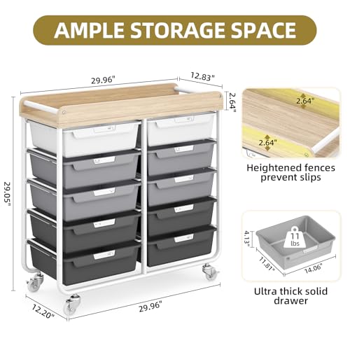 10 Drawer Rolling Storage Cart with Wood Top for Classroom Crafts Grey | Easy Setup, Large Capacity, Sturdy Build, Lockable Mobility, For office, classroom and home supplies - color: Grey