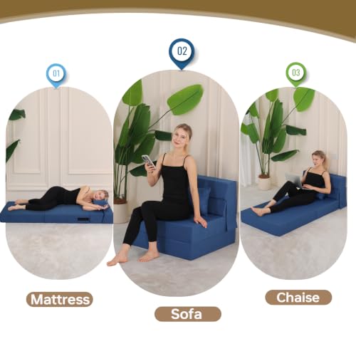 Fvkind Folding Sofa Bed with Pillow, Washable Cover, Single Size, Blue | Linen-Like Fabric - Foldable Space-Saving Design - Portable Guest Bed - Living Room & Apartment - Adults & Guests - color: Blue, size: Single