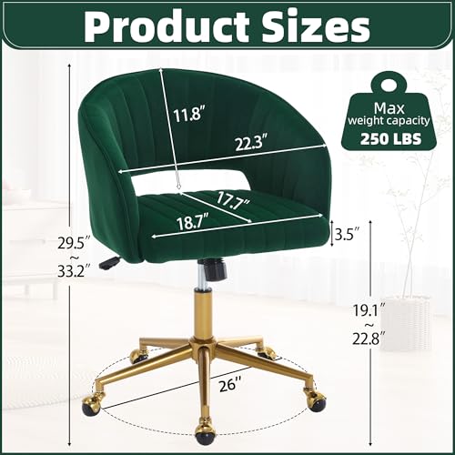 Desk Chair with Wheels, Gold Base, Velvet Accent Vanity Armchair, Green | Spacious‌ Soft Seat, Swivel Height Adjustable, Rocking Function, Modern Stripe for Girls &Women Bedroom Makeup or Nail - color: Dark Green Velvet